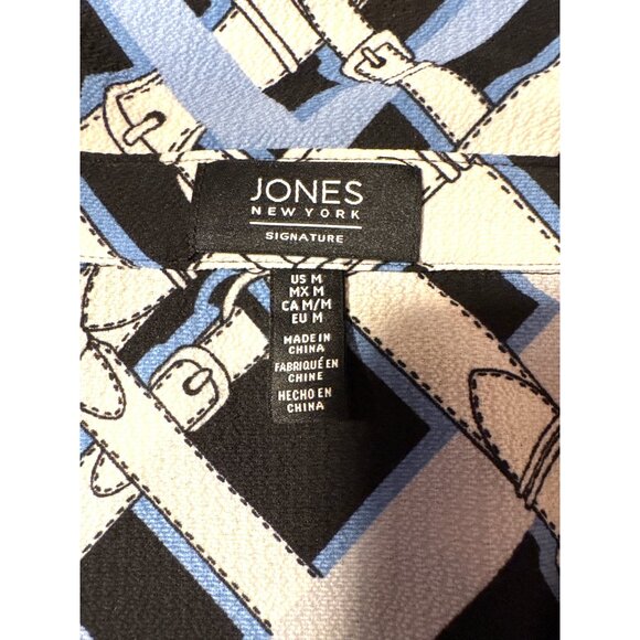 Jones New York Womens Button Up Blouse Tie Front Black Blue Patterned Size M - Picture 7 of 10